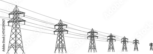 High voltage transmission towers, electric power lines infrastructure, energy distribution network, lattice pylons perspective, industrial electricity supply, engineering structure illustration