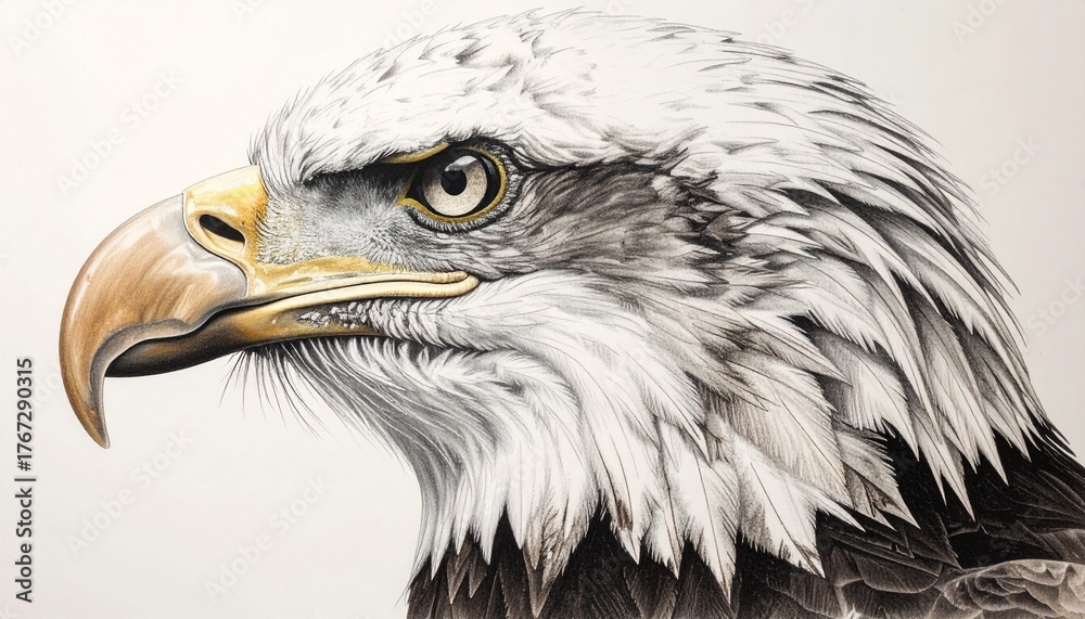Fototapeta premium Majestic Bald Eagle head in profile, a highly detailed and realistic artistic illustration.