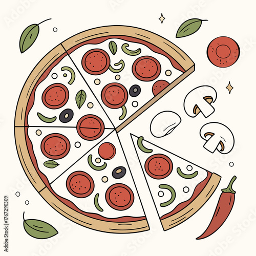 Vector art of overhead illustration of a pizza with pepperoni, olives, mushrooms, and peppers, with a slice removed