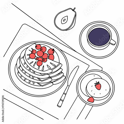 Vector art of overhead view of a breakfast table with pancakes, coffee, and fruit