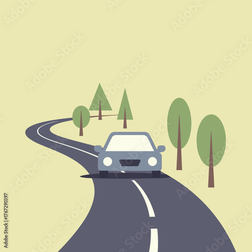 A stylized illustration of a car driving on a winding road through a simple landscape with trees.