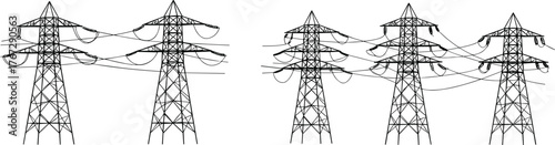 High voltage transmission towers, electricity pylons, power grid infrastructure, energy distribution network, lattice steel structures, overhead lines, industrial utility, rural electric supply system