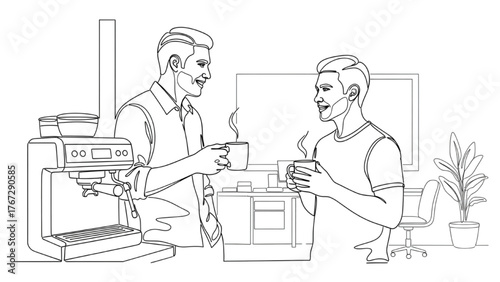Office Chat Line Art — Two Workers Talking Near Coffee Machine with Mugs, Casual Workplace Interaction, Minimal Vector Illustration