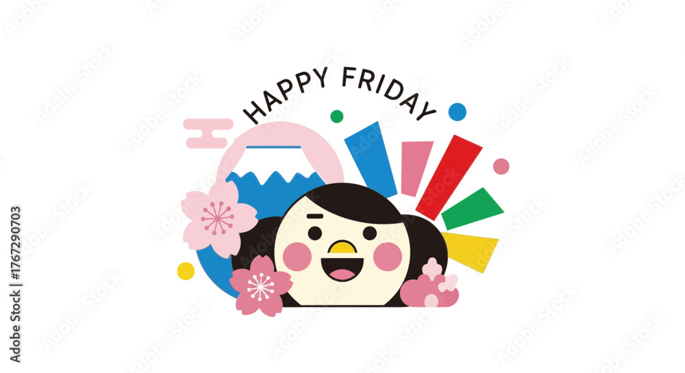 Fototapeta premium Cheerful cartoon character celebrates happy friday with mount fuji cherry blossoms and colorful confetti in a festive japanese inspired design perfect for social media and greeting cards