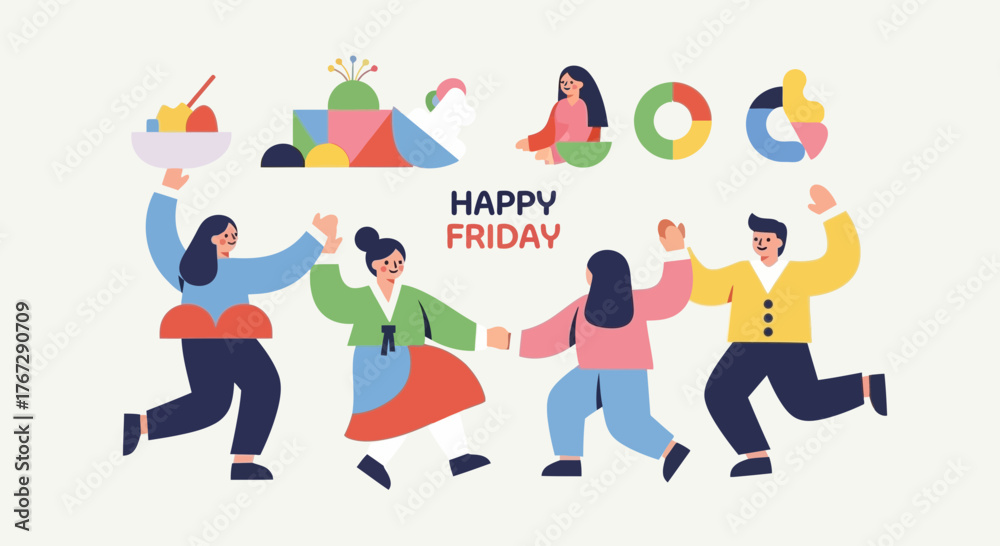 Fototapeta premium Cheerful people celebrating happy friday with traditional korean food and playful geometric shapes in a festive and colorful illustration perfect for social media and greeting cards