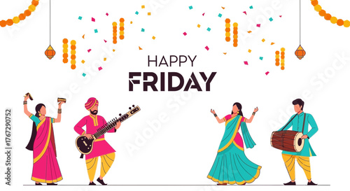 Festive friday celebration with traditional indian musicians and dancers under hanging decorations creating a joyful and vibrant atmosphere for a happy weekend start