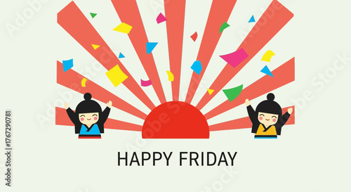 Cheerful happy friday celebration with confetti and rising sun backdrop featuring two cute cartoon characters with their arms raised in a festive and joyful greeting for the end of the work week