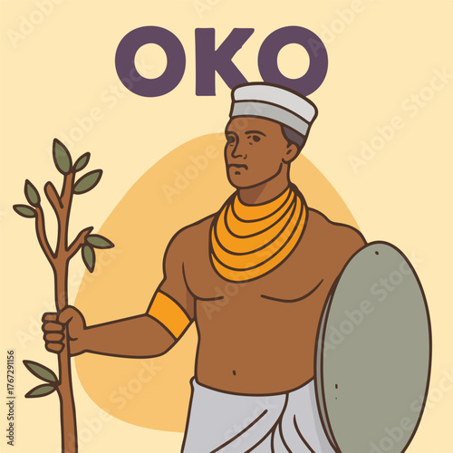 African Tribal Warrior Oko with Staff and Shield, Cultural Heritage Illustration