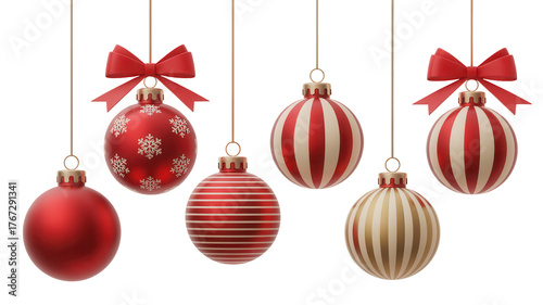 Collection of six festive christmas ornaments with red bows hanging against a dark background isolated on transparent background