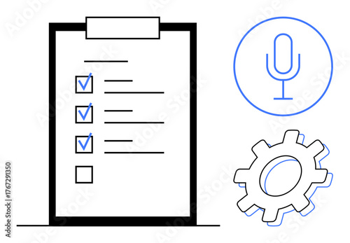 Clipboard with completed checklist, microphone symbol, and gear icon. Ideal for productivity, automation, organization, task management, workflow optimization technology use teamwork. Simple flat