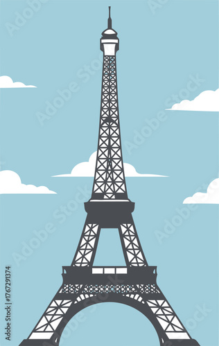 Illustration of the Eiffel Tower in Paris, France, set against a blue sky with fluffy white clouds.