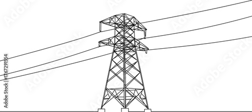 High voltage transmission tower, power pylon drawing, steel lattice structure, electricity grid system, energy infrastructure, utility pole, engineering line art