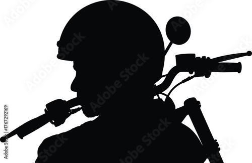 Silhouette illustration of a motorcycle front view with handlebars and headlight, isolated on white background, vector transport design artwork.