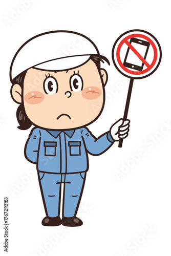 【スマホ使用禁止】工場や現場で働く女性作業員が禁止標識を持つイラスト｜不安全行動・不安全状態・労働災害