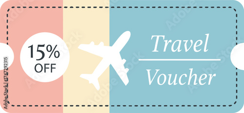 Travel voucher with 15% off discount, airplane graphic, and a blue, yellow, and pink color scheme.