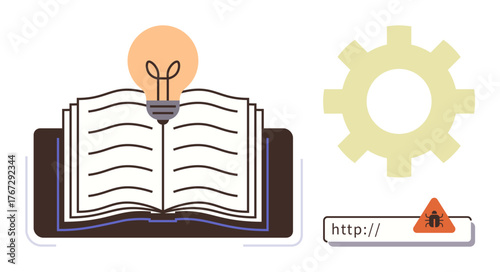 Open book with glowing lightbulb, yellow gear, and bug on browser link. Ideal for concepts thumbs up education, creativity, cybersecurity, problem-solving, innovation, technology and learning