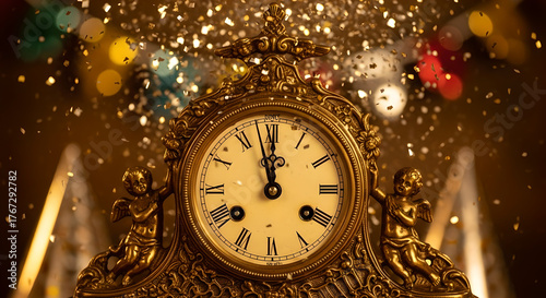 Golden Antique Clock Striking Midnight for New Year's Countdown with Confetti