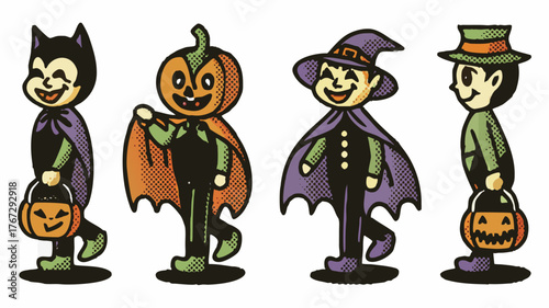 Retro Halloween Characters Ready for Trick or Treat, Classic Autumn Holiday Fun Costumes