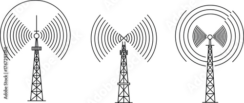 Radio tower signal icons, wireless communication concept, broadcast transmission waves, antenna structure set, telecom technology illustration, vector design for connectivity themes
