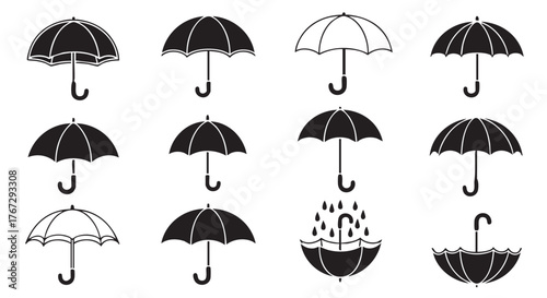 Set of umbrella icons in black and white minimalistic style weather protection