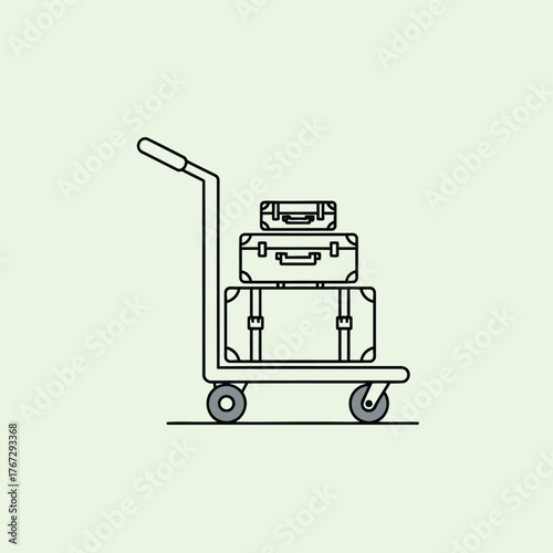 A minimalist illustration of a luggage cart stacked with three suitcases on a pale green background.