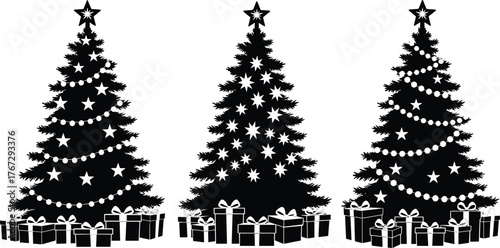 Beautiful decorated Christmas trees with star ornaments and gift boxes, festive holiday celebration vector illustration, winter season decoration design