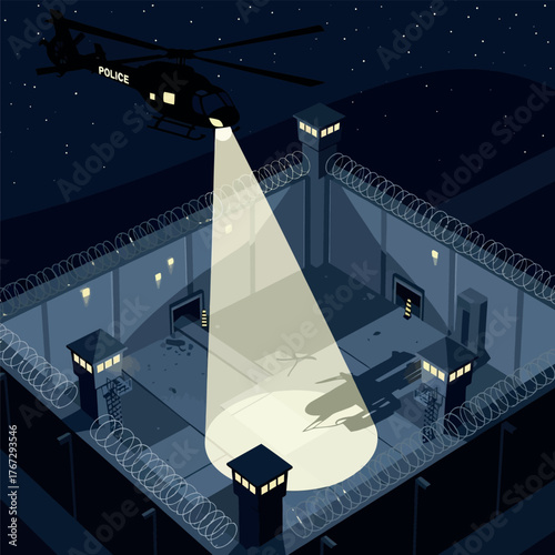 Police Helicopter Searchlight Illuminates Prison at Night Security and Surveillance Concept