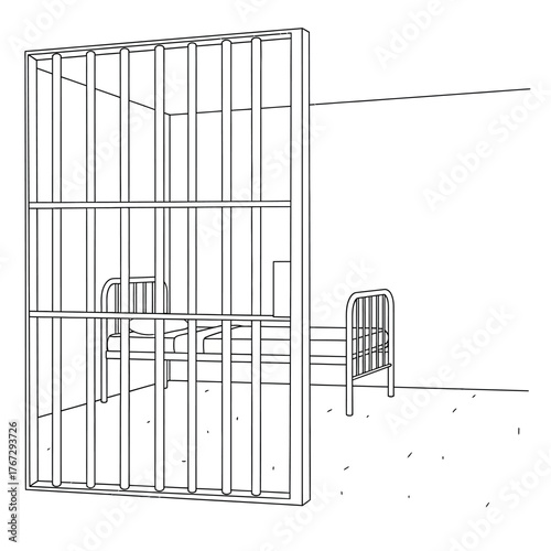 Simple black and white line drawing of a stark prison cell with metal bars and a basic bed, symbolizing confinement, justice, and isolation. Vector illustration