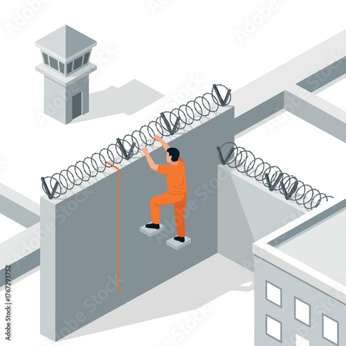 Isometric vector illustration of a prisoner in an orange uniform attempting a daring escape by climbing a high concrete prison wall with razor wire