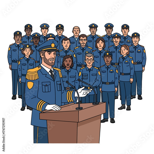 A police captain in a formal blue uniform delivering a speech from a podium to a diverse group of officers