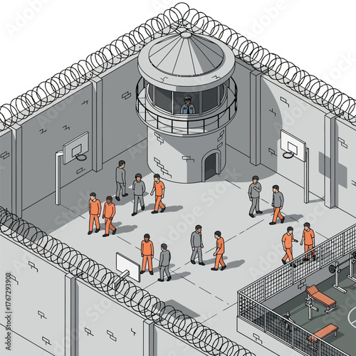 Life Behind Bars Illustration of Inmates and a Guard Tower in a Prison Yard
