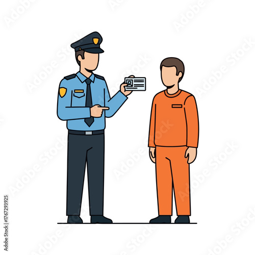 Law enforcement officer conducting an identification check on a male detainee, illustrating police procedures and legal processes within the criminal justice system