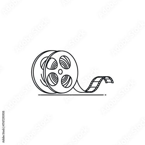 Simple black and white line art drawing of a classic film reel, representing cinema, movies, and the entertainment industry. Isolated vector icon