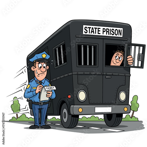 Law Enforcement Policeman issuing a ticket to a prisoner in a prison transport vehicle