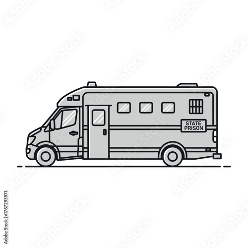Vector illustration of a secure transport vehicle, a prison van, used by law enforcement for transferring individuals within the correctional system