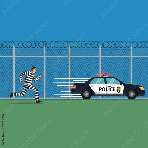 Prison Escape Convict on the Run from Police Car