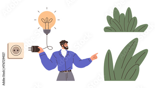 Person with plug and lit bulb gestures toward leaves, emphasizing eco-friendly energy and innovation. Ideal for sustainability, green energy, environment, inspiration, efficiency, clean energy