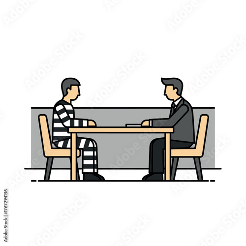 A tense meeting in an interrogation room between a prisoner in a striped uniform and a lawyer or detective