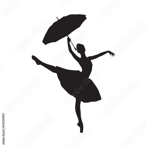 black silhouette vector illustration of a ballerina dancing with an umbrella.