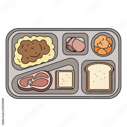 Isolated vector graphic of a prison food tray with a complete meal of steak, mashed potatoes, and various side dishes