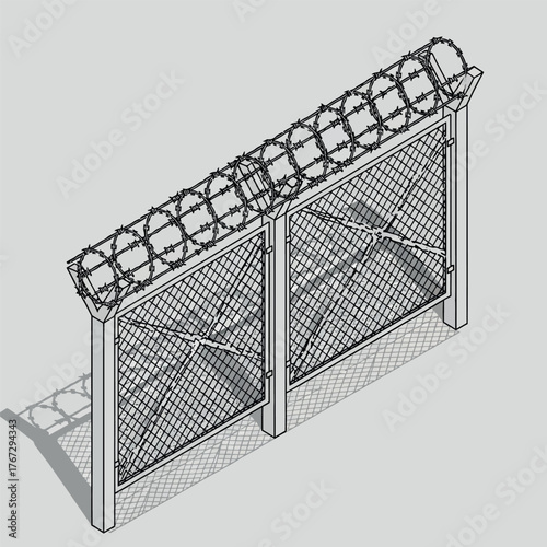 Isometric vector illustration of a high-security fence with concertina razor wire, representing a restricted area, border, or prison