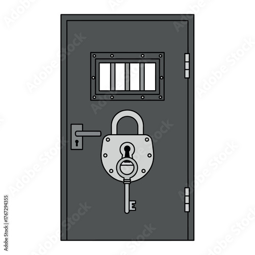 Cartoon vector illustration of a gray metal prison or jail cell door, secured with a large padlock and key, isolated on a white background