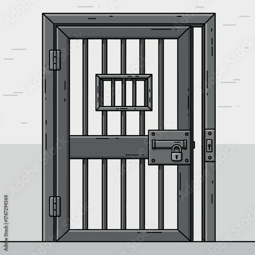A sturdy metal prison door with vertical bars securely locked, symbolizing captivity, law, and order