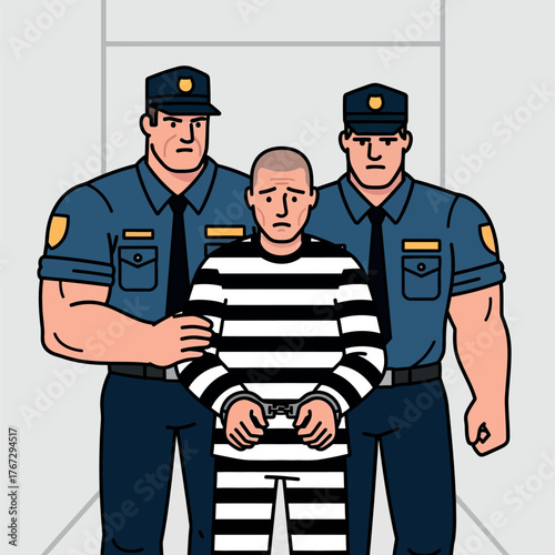 Man in Prison Uniform Being Escorted by Two Policemen Legal Justice and Crime Concept