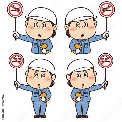 【禁煙】工場や現場で働く女性作業員が禁止標識を持つイラスト｜不安全行動・不安全状態・労働災害