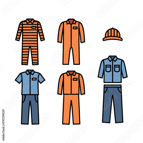 Collection of construction worker uniforms and safety helmet in flat design