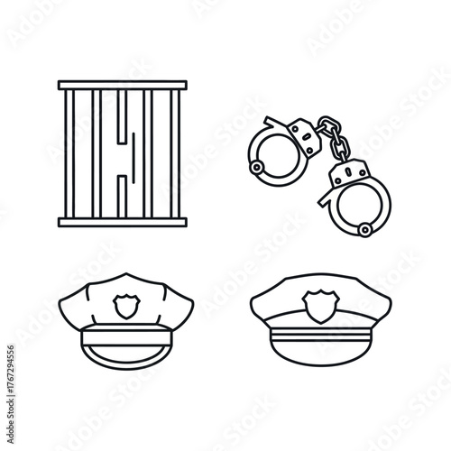 Justice System Police Gear, Prison Bars, and Handcuffs Line Art Icons