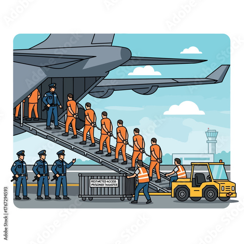 Prisoner Transfer Illustration of Inmates Being Escorted onto a Plane by Law Enforcement Personnel