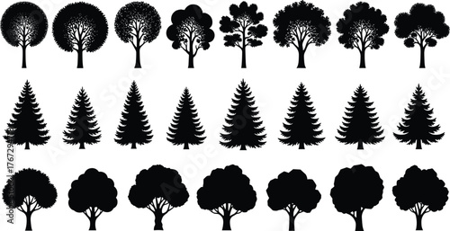 Different tree silhouette collection, pine and deciduous tree set, forest illustration, black tree vector design for nature and landscape art