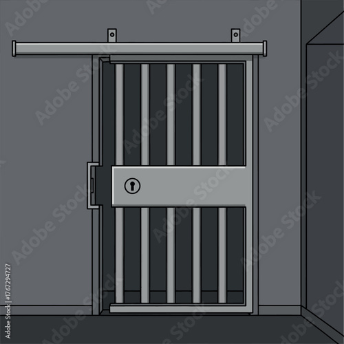 Cartoon Prison Cell Door Metal Bars and Sliding Mechanism in a Correctional Facility